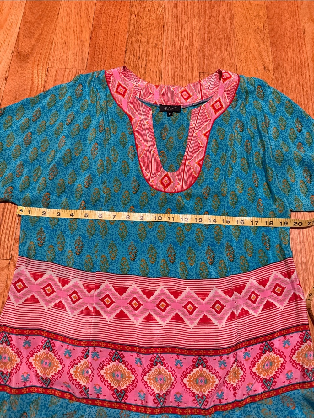 Tolani 100% Silk Boho Luxe Tunic Dress Turquoise Pink Geometric Ruffle Hem Small - Picture 8 of 15